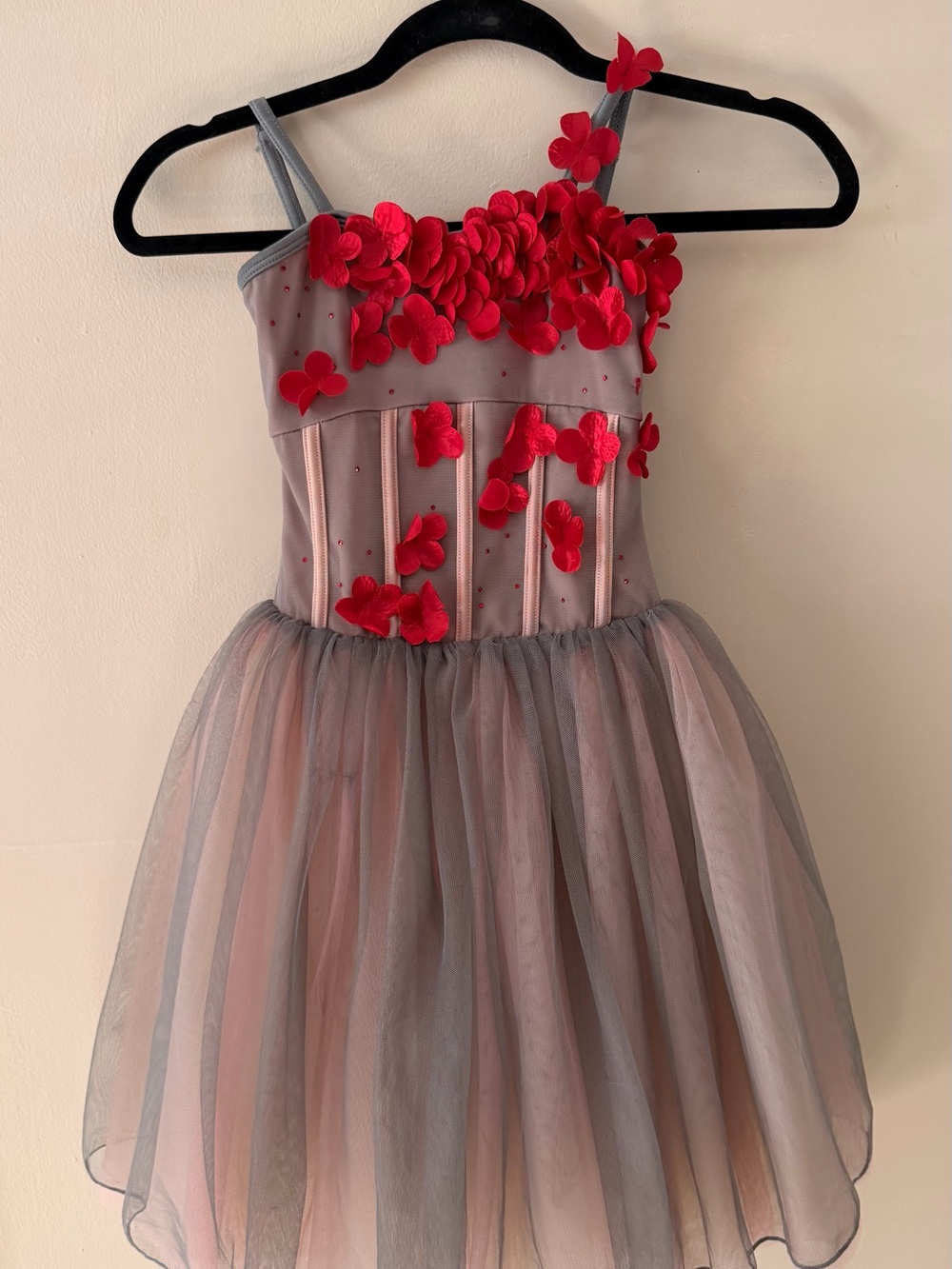 Curtain Call Dance Costume Girls Grey Tulle Dress with Red Floral Appliqué. CM